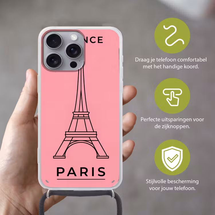 Eiffeltoren - Parijs - Architectuur - Minimalistisch - Roze Hoesje iPhone 16 Pro Max met koord klein -sfeer2_NL