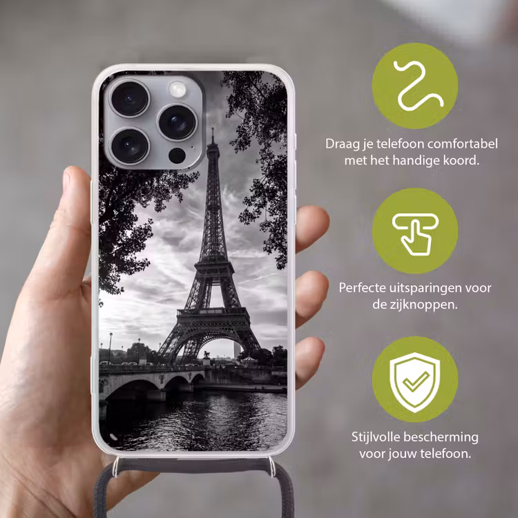 Eiffeltoren - Parijs - Rivier - Architectuur - Zwart-wit Hoesje iPhone 16 Pro Max met koord klein -sfeer2_NL