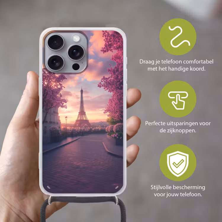 Eiffeltoren - Parijs - Roze Hoesje iPhone 16 Pro Max met koord klein -sfeer2_NL