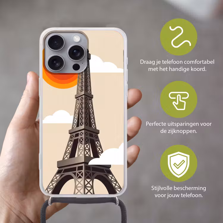 Eiffeltoren - Zon - Architectuur - Abstract - Beige Hoesje iPhone 16 Pro Max met koord klein -sfeer2_NL