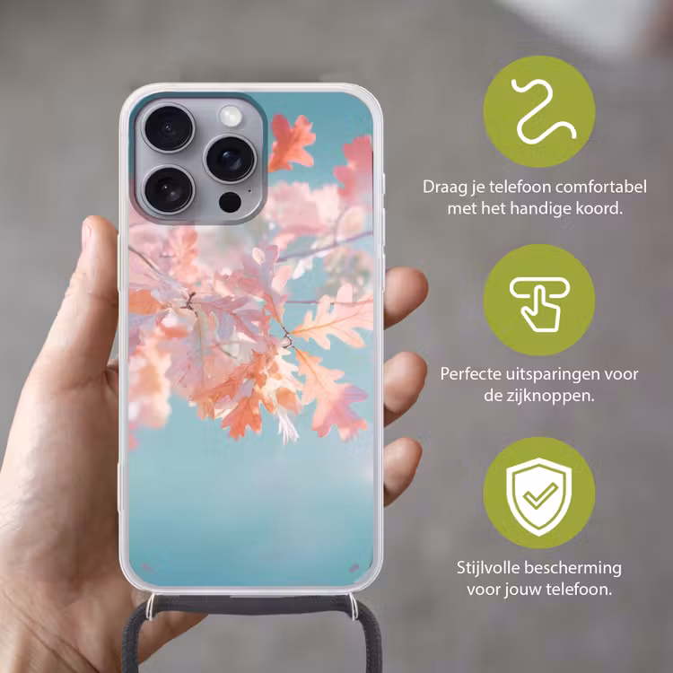 Eikenbladeren - Takken - Roze Hoesje iPhone 16 Pro Max met koord klein -sfeer2_NL
