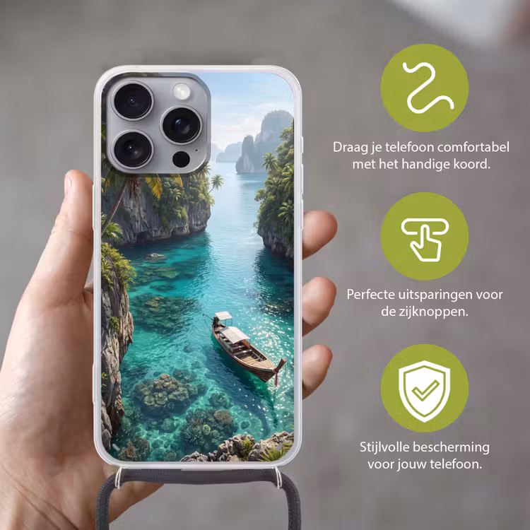 Eiland - Tropisch - Water - Palmbomen - Natuur Hoesje iPhone 16 Pro Max met koord klein -sfeer2_NL