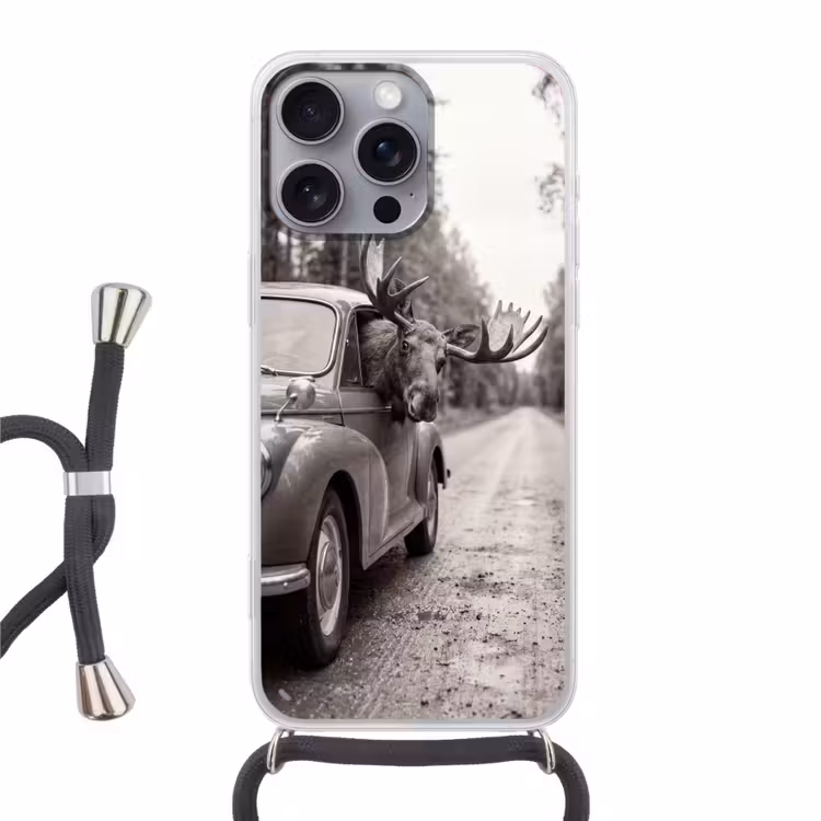 Eland - Auto - Gewei - Zwart - Wit Hoesje iPhone 16 Pro Max met koord klein -3d