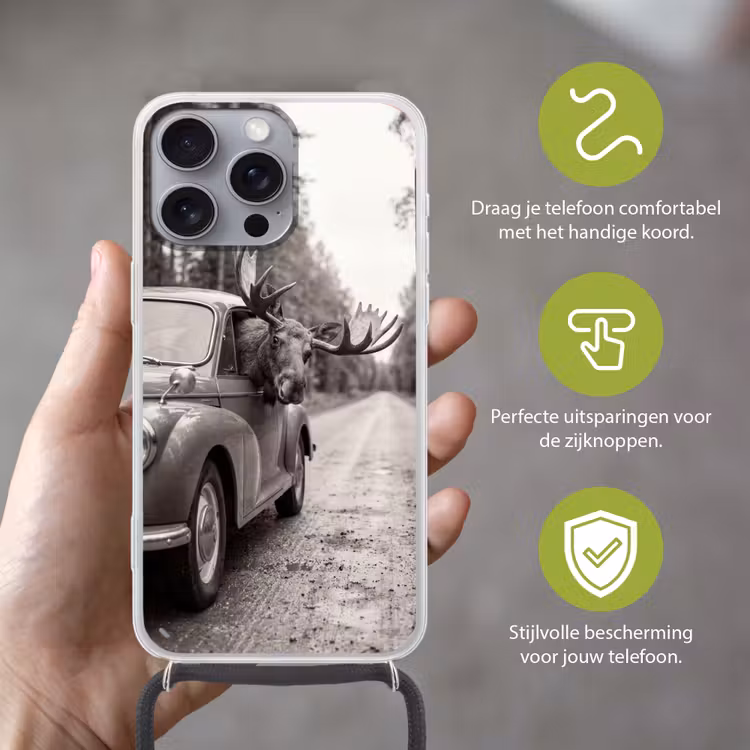 Eland - Auto - Gewei - Zwart - Wit Hoesje iPhone 16 Pro Max met koord klein -sfeer2_NL