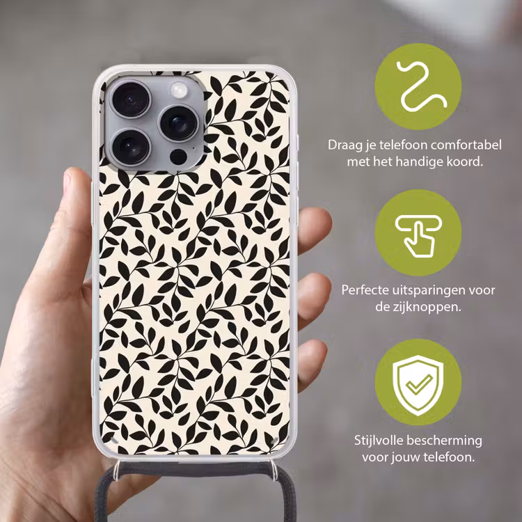 Elegant - Patroon - Zwart - Beige Hoesje iPhone 16 Pro Max met koord klein 804 -sfeer2_NL