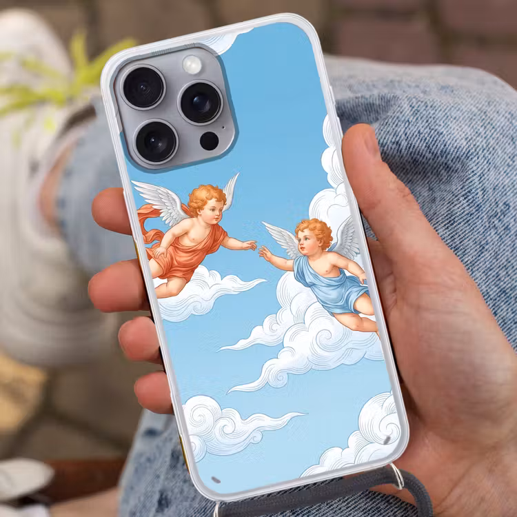 Engel - Vliegend - Klassiek - Blauw Hoesje iPhone 16 Pro Max met koord klein -sfeer3