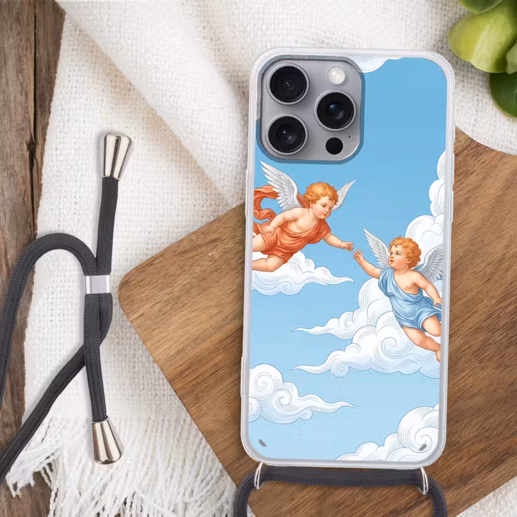 Engel - Vliegend - Klassiek - Blauw Hoesje iPhone 16 Pro Max met koord klein -sfeer4