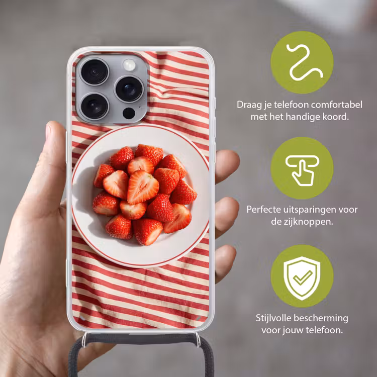 Eten - Aardbeien - Fruit - Zomer - Rood Hoesje iPhone 16 Pro Max met koord klein -sfeer2_NL