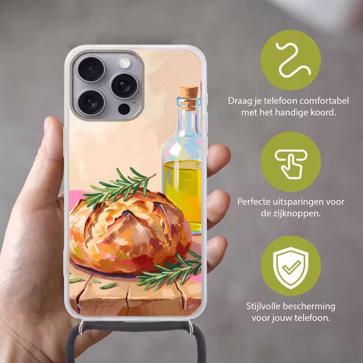 Eten - Brood - Olijfolie - Abstract - Keuken Hoesje iPhone 16 Pro Max met koord klein -sfeer2_NL
