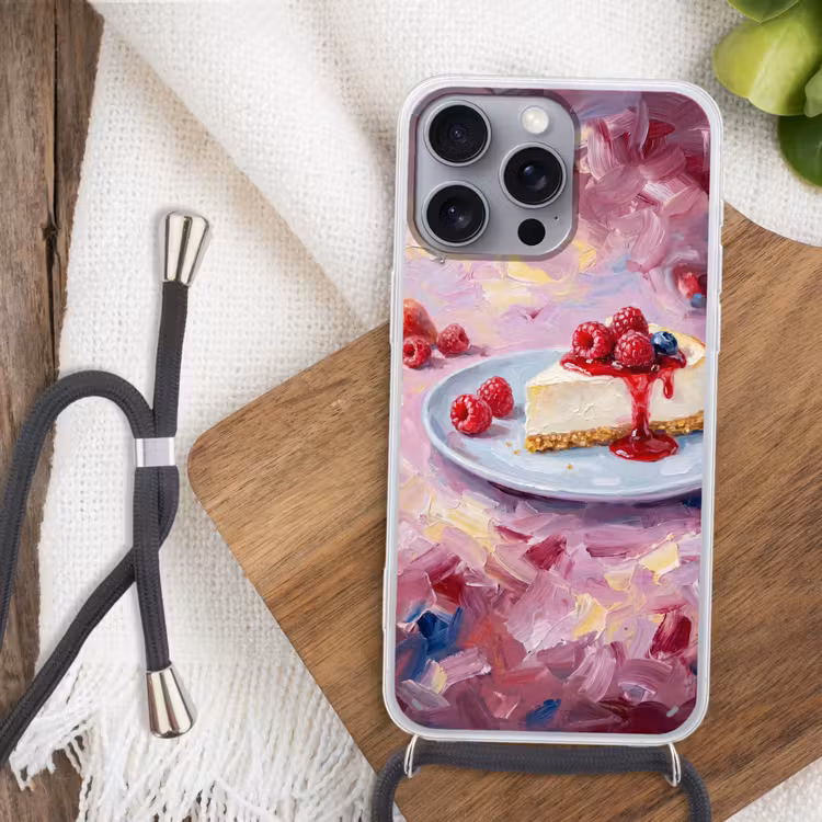 Eten - Cheesecake - Bessen - Abstract - Roze Hoesje iPhone 16 Pro Max met koord klein -sfeer4