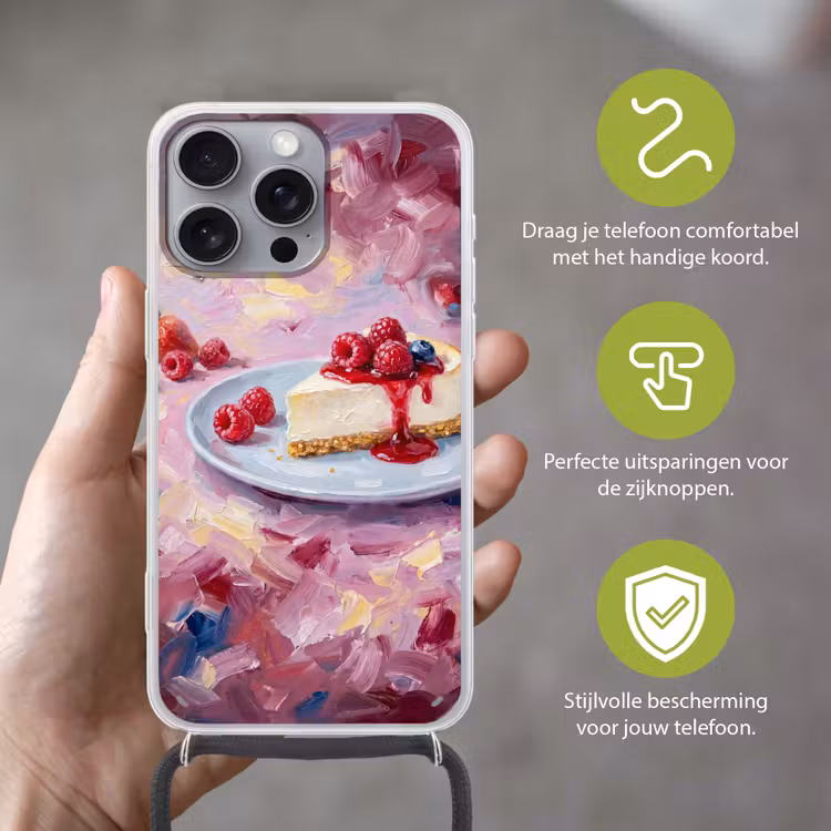 Eten - Cheesecake - Bessen - Abstract - Roze Hoesje iPhone 16 Pro Max met koord klein -sfeer2_NL