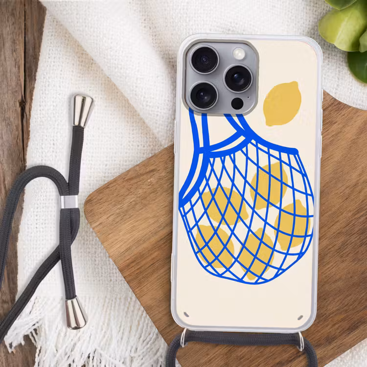 Eten - Citroen - Boodschappen - Abstract - Geel - Blauw Hoesje iPhone 16 Pro Max met koord klein -sfeer4