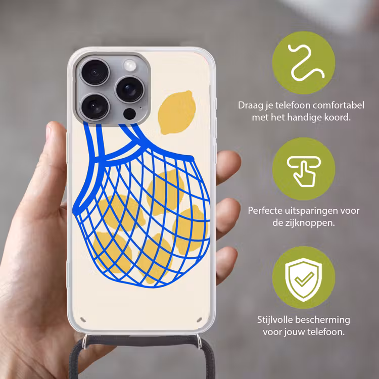 Eten - Citroen - Boodschappen - Abstract - Geel - Blauw Hoesje iPhone 16 Pro Max met koord klein -sfeer2_NL