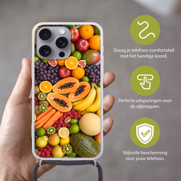Eten - Fruit - Groenten - Vers - Kleurrijk Hoesje iPhone 16 Pro Max met koord klein -sfeer2_NL
