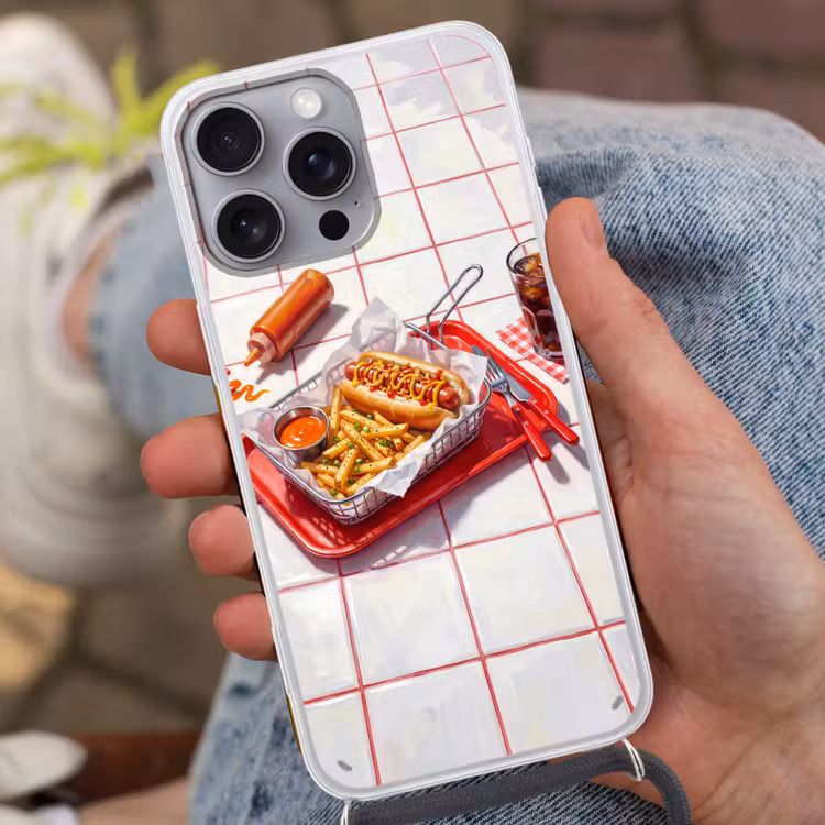 Eten - Hotdog - Fastfood - Modern - Rood Hoesje iPhone 16 Pro Max met koord klein -sfeer3