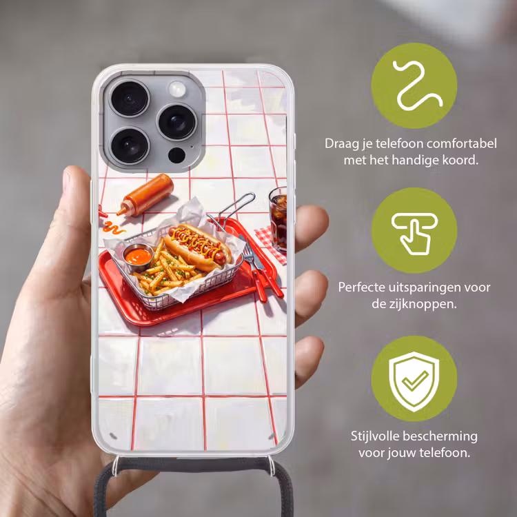 Eten - Hotdog - Fastfood - Modern - Rood Hoesje iPhone 16 Pro Max met koord klein -sfeer2_NL