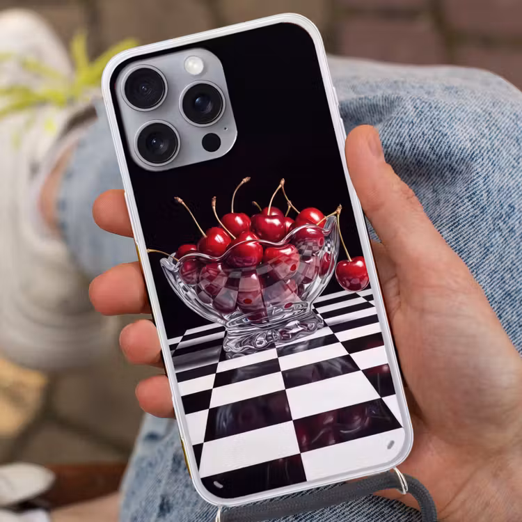 Telefoonhoesje met koord - Eten - Kersen - Rood - Eten - Kersen - Rood Hoesje iPhone 16 Pro Max met koord klein