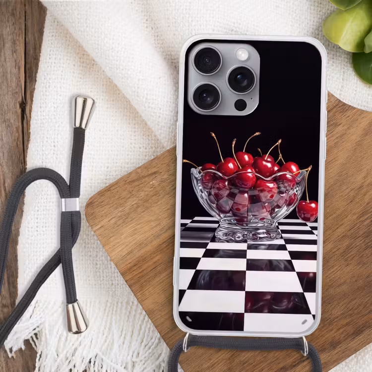 Telefoonhoesje met koord - Eten - Kersen - Rood - Eten - Kersen - Rood Hoesje iPhone 16 Pro Max met koord klein