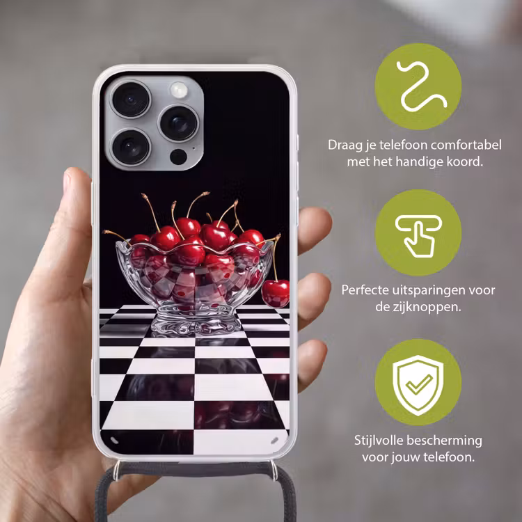 Telefoonhoesje met koord - Eten - Kersen - Rood - Eten - Kersen - Rood Hoesje iPhone 16 Pro Max met koord klein