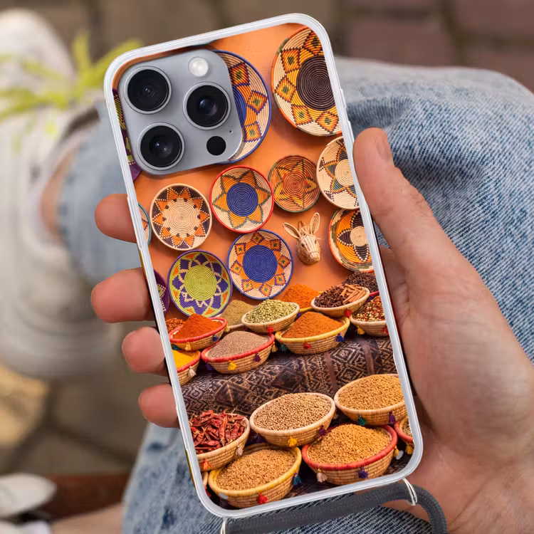 Telefoonhoesje met koord - Eten - Kleurrijk - Cultuur - Eten - Kleurrijk - Cultuur Hoesje iPhone 16 Pro Max met koord klein