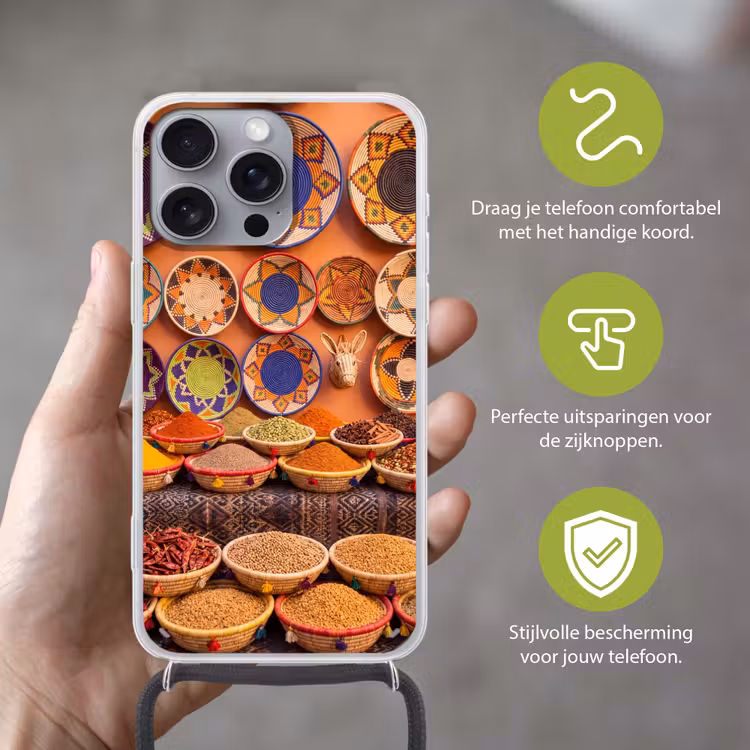 Telefoonhoesje met koord - Eten - Kleurrijk - Cultuur - Eten - Kleurrijk - Cultuur Hoesje iPhone 16 Pro Max met koord klein