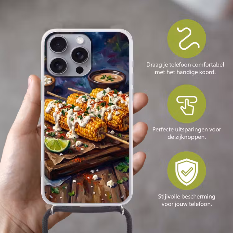 Eten - Maïs - Saus - Geschilderd - Geel Hoesje iPhone 16 Pro Max met koord klein -sfeer2_NL