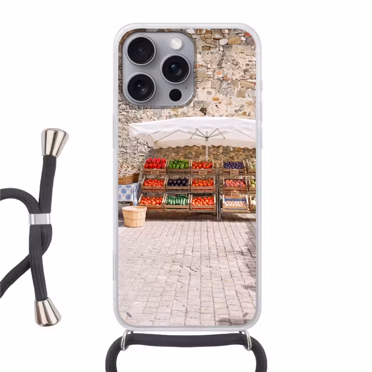 Telefoonhoesje met koord - Eten - Markt - Vers - Eten - Markt - Vers Hoesje iPhone 16 Pro Max met koord klein