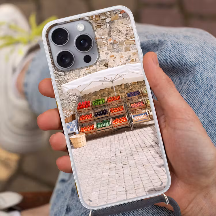 Telefoonhoesje met koord - Eten - Markt - Vers - Eten - Markt - Vers Hoesje iPhone 16 Pro Max met koord klein