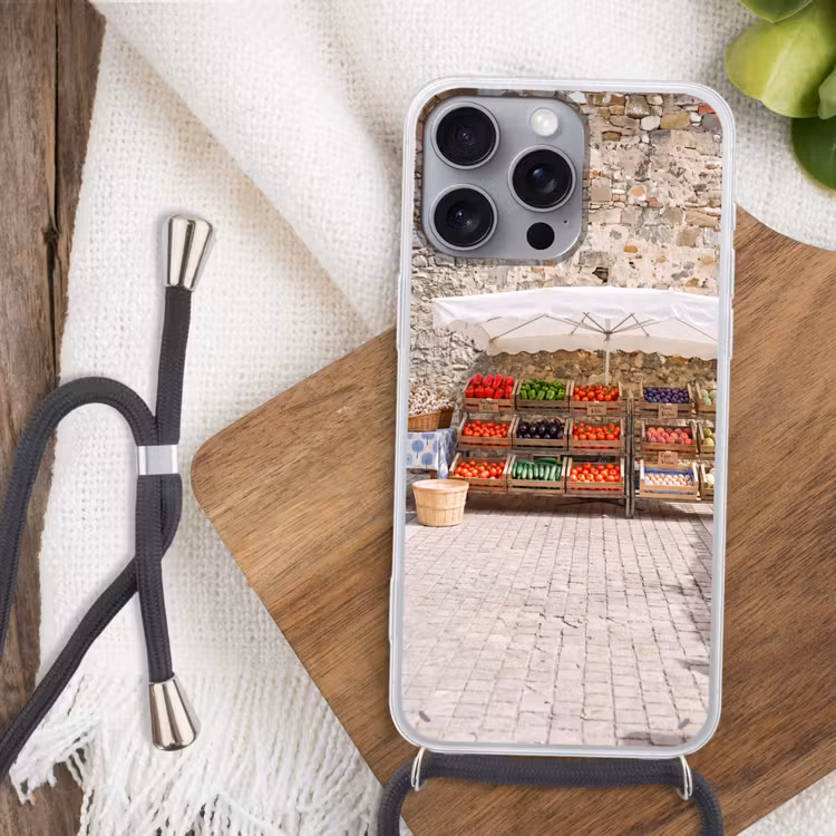 Telefoonhoesje met koord - Eten - Markt - Vers - Eten - Markt - Vers Hoesje iPhone 16 Pro Max met koord klein