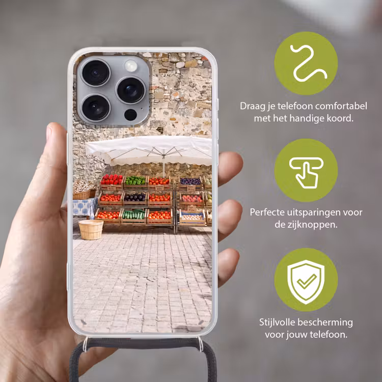 Telefoonhoesje met koord - Eten - Markt - Vers - Eten - Markt - Vers Hoesje iPhone 16 Pro Max met koord klein