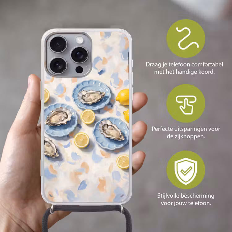 Eten - Oesters - Citroenen - Modern - Geel Hoesje iPhone 16 Pro Max met koord klein -sfeer2_NL