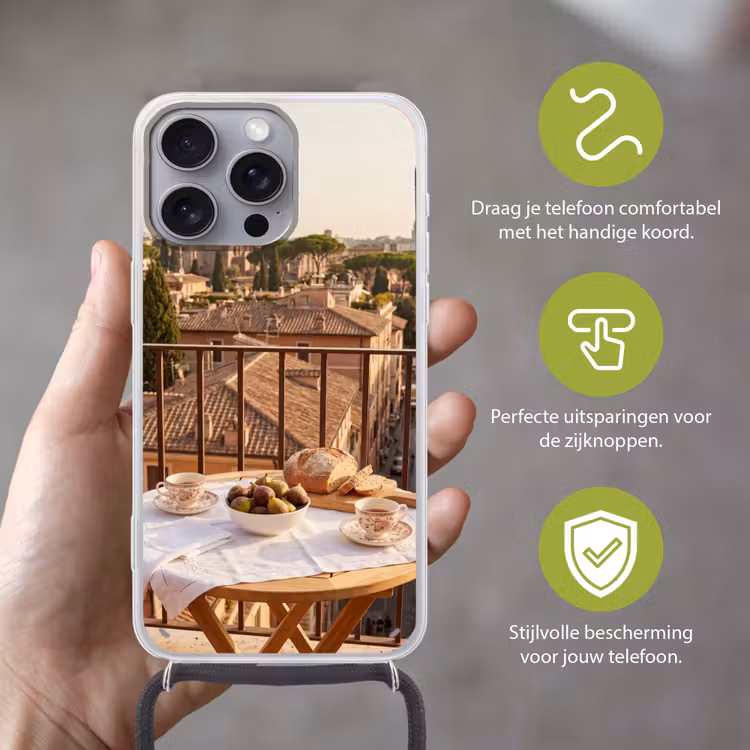 Eten - Ontbijt - Balkon - Stad - Zonsopgang Hoesje iPhone 16 Pro Max met koord klein -sfeer2_NL