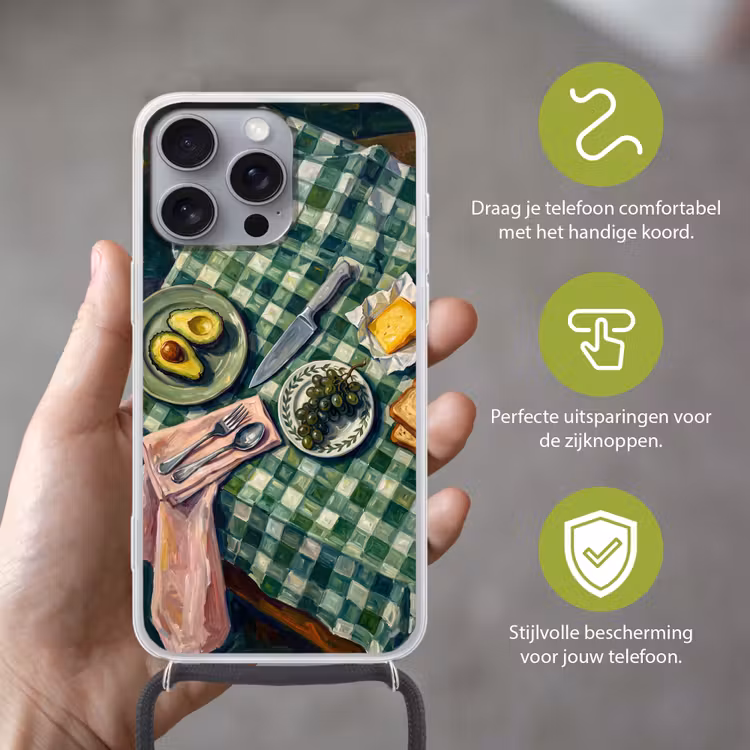 Eten - Ontbijt - Tafel - Modern - Groen Hoesje iPhone 16 Pro Max met koord klein -sfeer2_NL