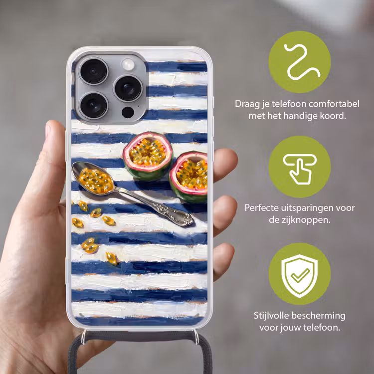 Eten - Passievrucht - Tropisch - Modern - Kleurrijk Hoesje iPhone 16 Pro Max met koord klein -sfeer2_NL