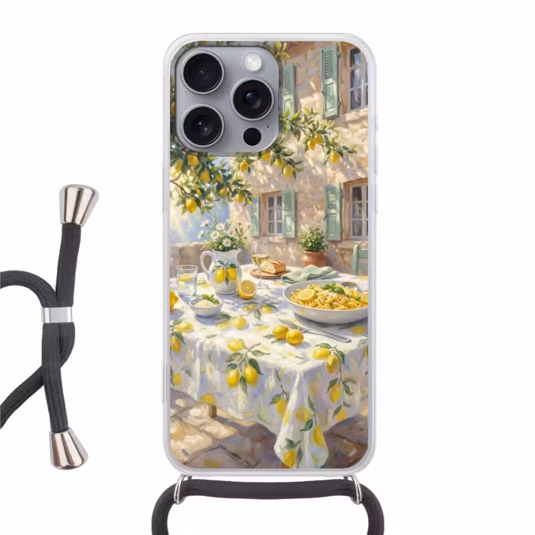 Eten - Terras - Zomer - Geschilderd - Geel Hoesje iPhone 16 Pro Max met koord klein -3d