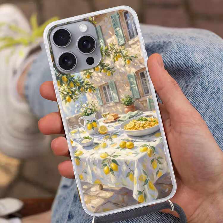 Eten - Terras - Zomer - Geschilderd - Geel Hoesje iPhone 16 Pro Max met koord klein -sfeer3