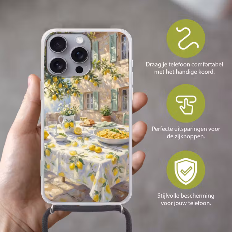Eten - Terras - Zomer - Geschilderd - Geel Hoesje iPhone 16 Pro Max met koord klein -sfeer2_NL