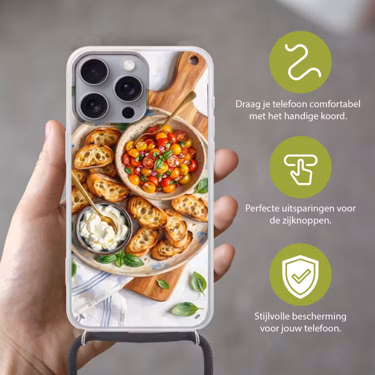 Eten - Tomaat - Brood - Kleurrijk - Keuken Hoesje iPhone 16 Pro Max met koord klein -sfeer2_NL