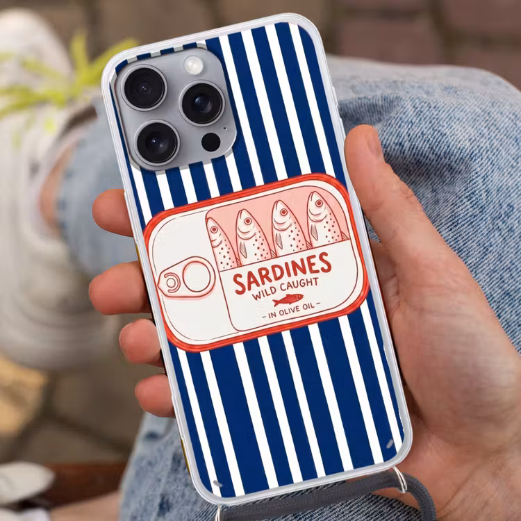 Eten - Vis - Blik - Illustratie - Rood Hoesje iPhone 16 Pro Max met koord klein -sfeer3