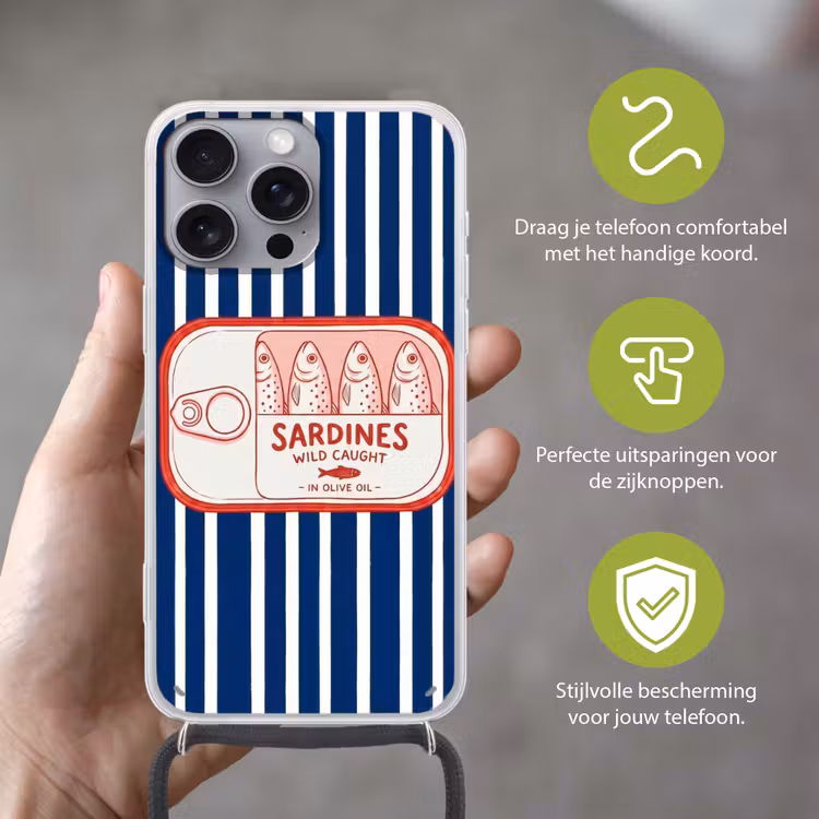 Eten - Vis - Blik - Illustratie - Rood Hoesje iPhone 16 Pro Max met koord klein -sfeer2_NL