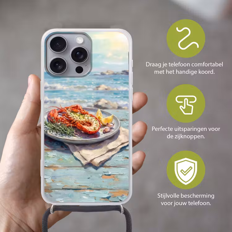 Eten - Zee - Kust - Modern - Blauw Hoesje iPhone 16 Pro Max met koord klein -sfeer2_NL