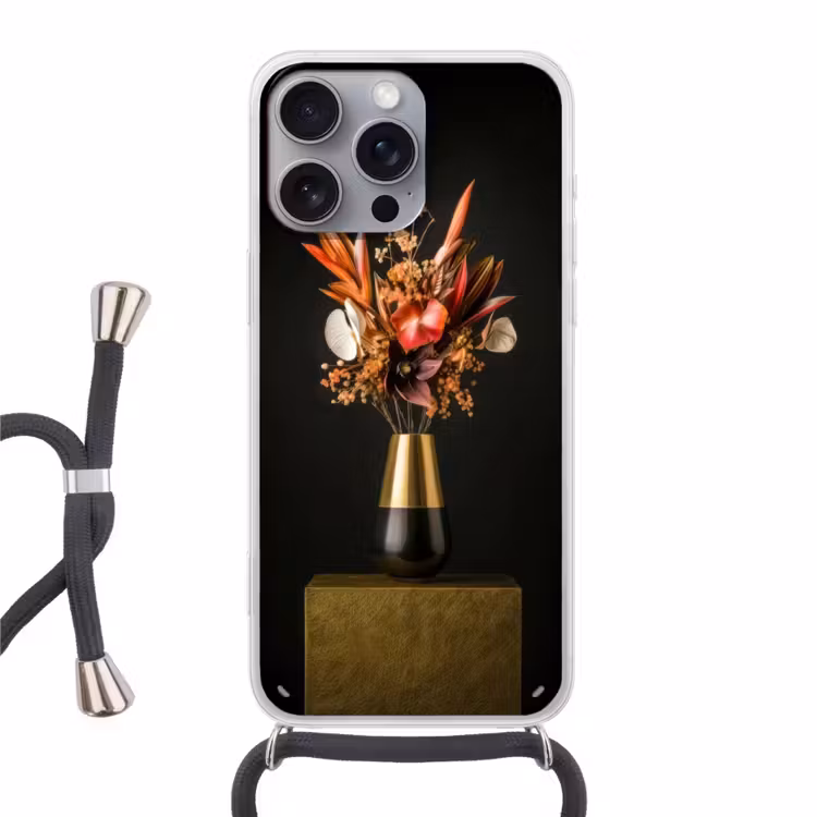 Exotisch - Boeket - Vaas - Goud Hoesje iPhone 16 Pro Max met koord klein -3d