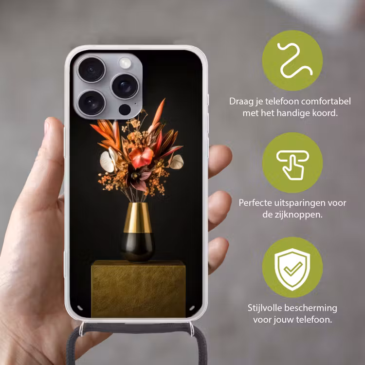 Exotisch - Boeket - Vaas - Goud Hoesje iPhone 16 Pro Max met koord klein -sfeer2_NL