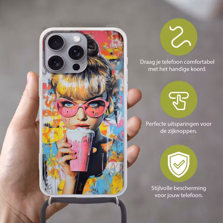 Expressief - Milkshake - Vrouw - Felle kleuren Hoesje iPhone 16 Pro Max met koord klein -sfeer2_NL