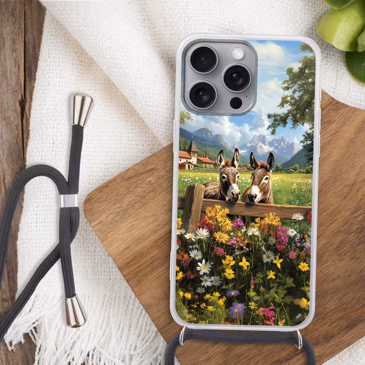 Ezels - Bloemen - Zomers Hoesje iPhone 16 Pro Max met koord klein -sfeer4