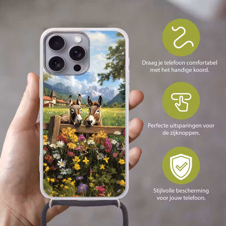 Ezels - Bloemen - Zomers Hoesje iPhone 16 Pro Max met koord klein -sfeer2_NL