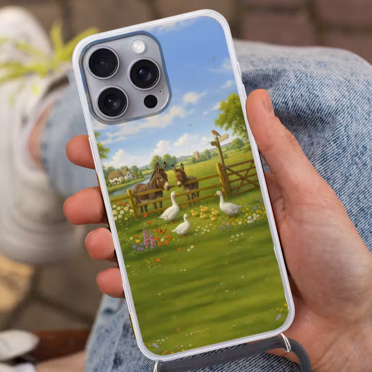 Ezels - Ganzen - Kleurrijk Hoesje iPhone 16 Pro Max met koord klein -sfeer3