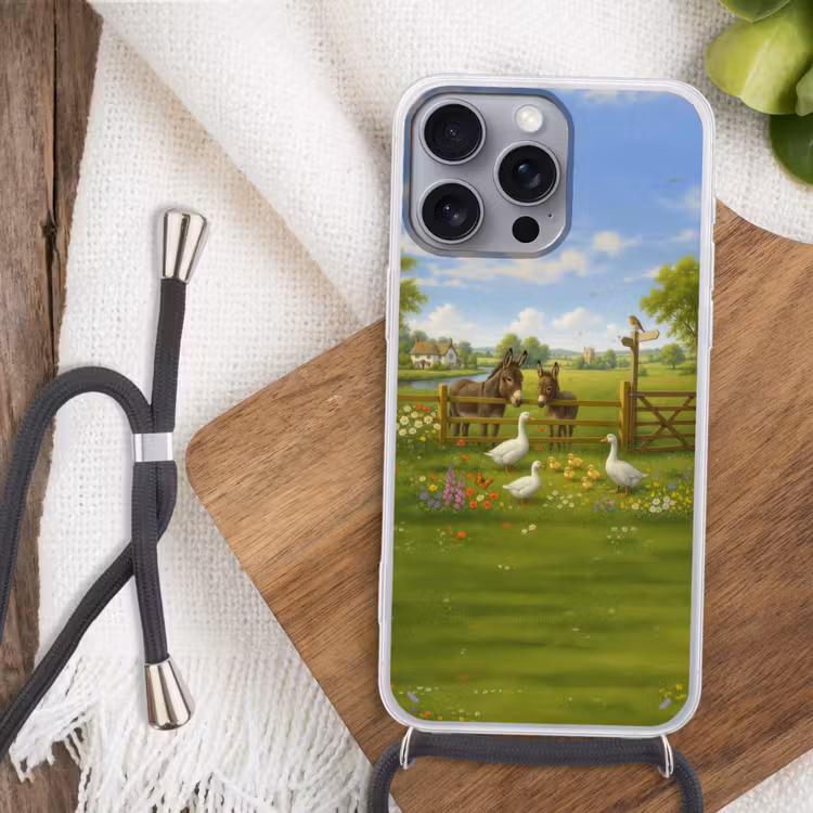 Ezels - Ganzen - Kleurrijk Hoesje iPhone 16 Pro Max met koord klein -sfeer4