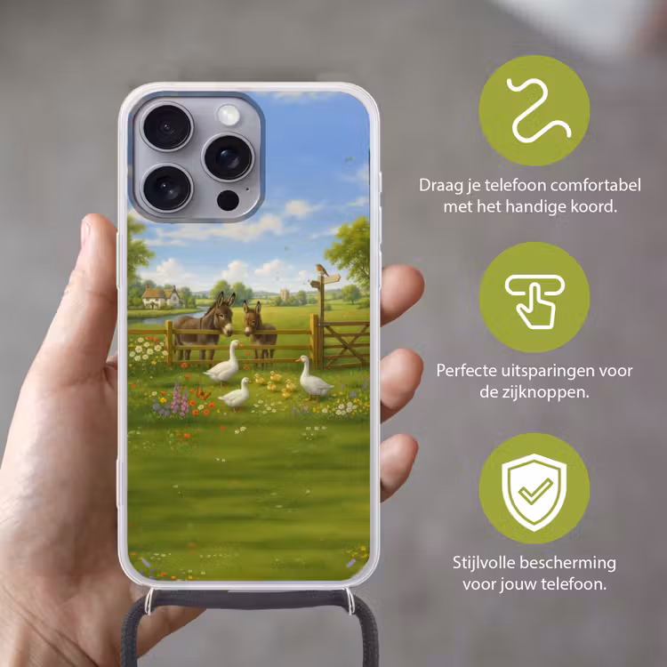 Ezels - Ganzen - Kleurrijk Hoesje iPhone 16 Pro Max met koord klein -sfeer2_NL
