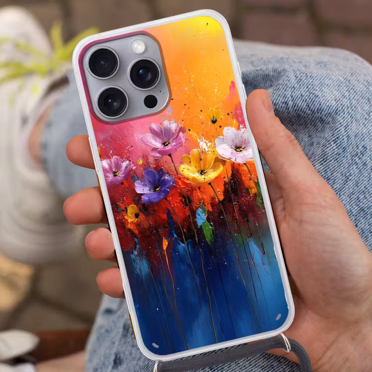Fantasiebloemen - Verf - Speels Hoesje iPhone 16 Pro Max met koord klein -sfeer3